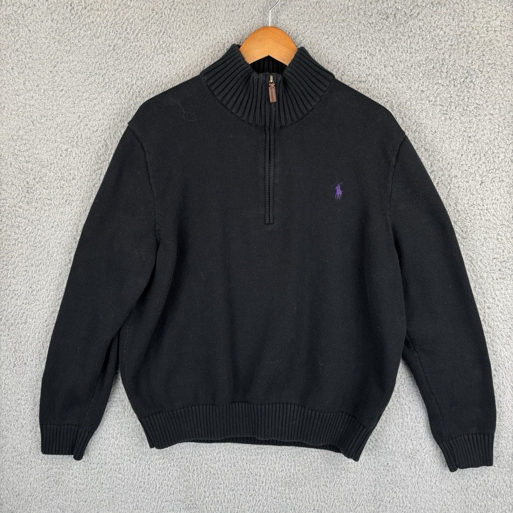 Polo Ralph Lauren Sweater Mens 2XL Black 1/4 Zip Knit Cotton Purple Pony Preppy